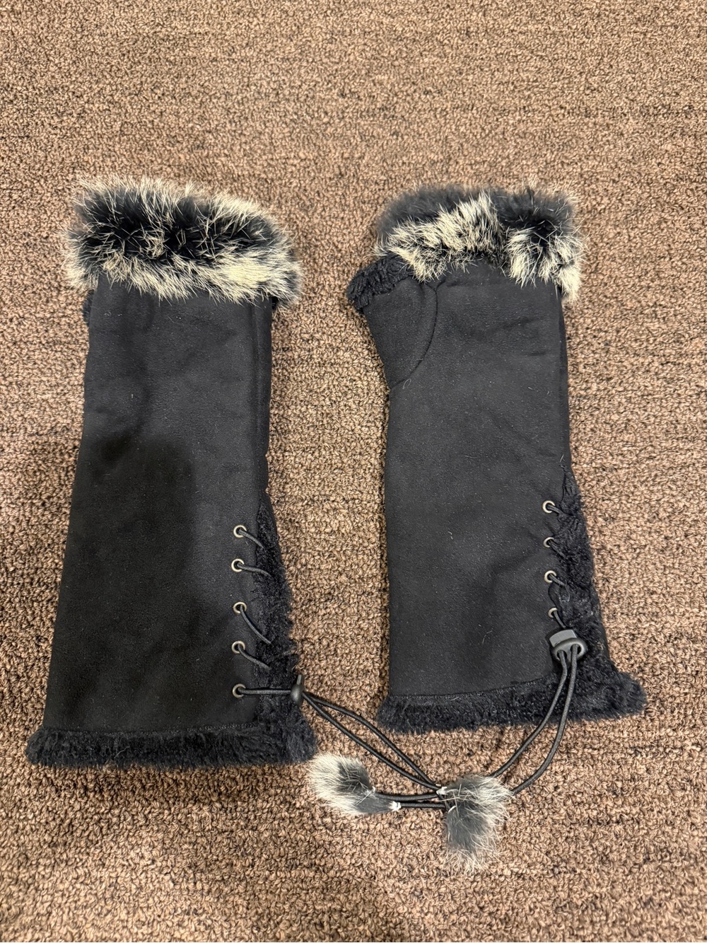 Women's Black Fur Trim Fingerless Mitts with Lace-Up Detail